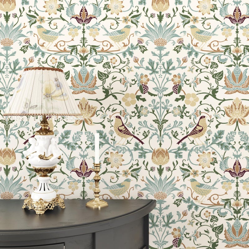 WESTICK Peel and Stick William Morris Wallpaper Vintage Birds Floral Wallpaper Green Leaf Neutral Botanical Wall Paper Boho Self Adhesive Floral Contact Paper for Bedroom Bathroom Laundry 17.5"x102" - Image 5