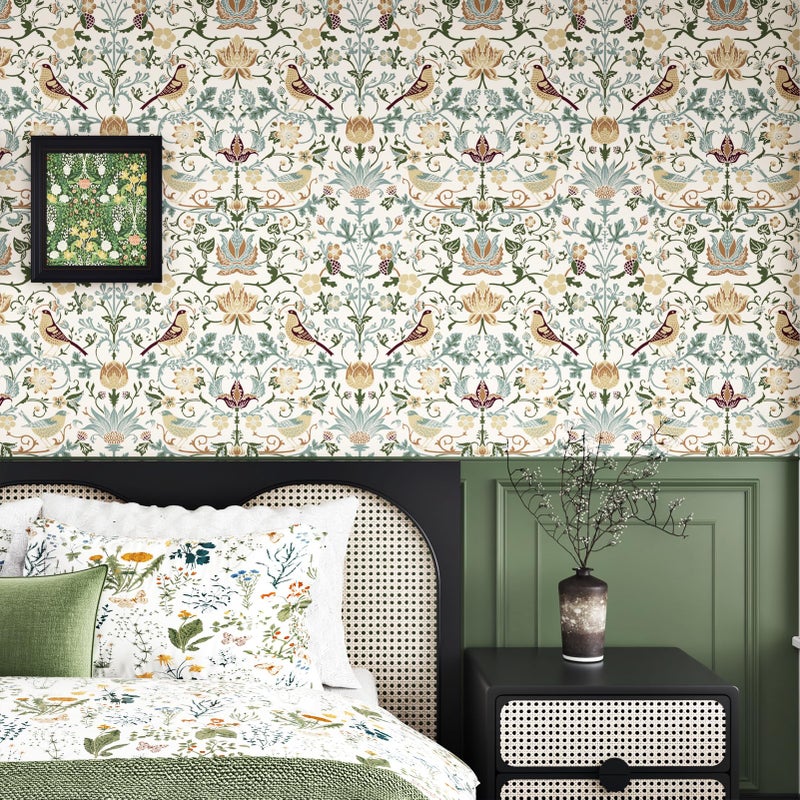 WESTICK Peel and Stick William Morris Wallpaper Vintage Birds Floral Wallpaper Green Leaf Neutral Botanical Wall Paper Boho Self Adhesive Floral Contact Paper for Bedroom Bathroom Laundry 17.5"x102" - Image 2