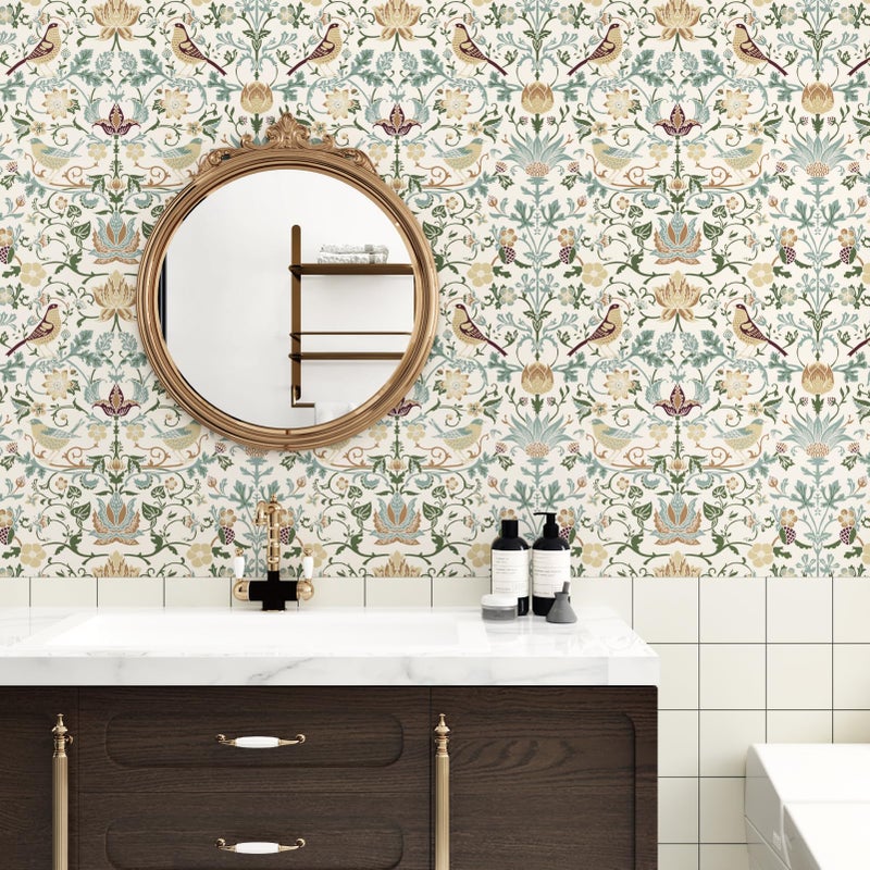 WESTICK Peel and Stick William Morris Wallpaper Vintage Birds Floral Wallpaper Green Leaf Neutral Botanical Wall Paper Boho Self Adhesive Floral Contact Paper for Bedroom Bathroom Laundry 17.5"x102" - Image 4