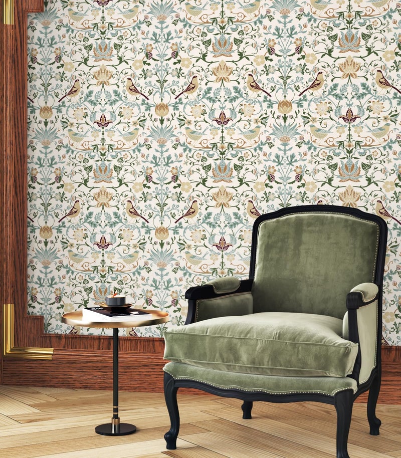 WESTICK Peel and Stick William Morris Wallpaper Vintage Birds Floral Wallpaper Green Leaf Neutral Botanical Wall Paper Boho Self Adhesive Floral Contact Paper for Bedroom Bathroom Laundry 17.5"x102" - Image 3