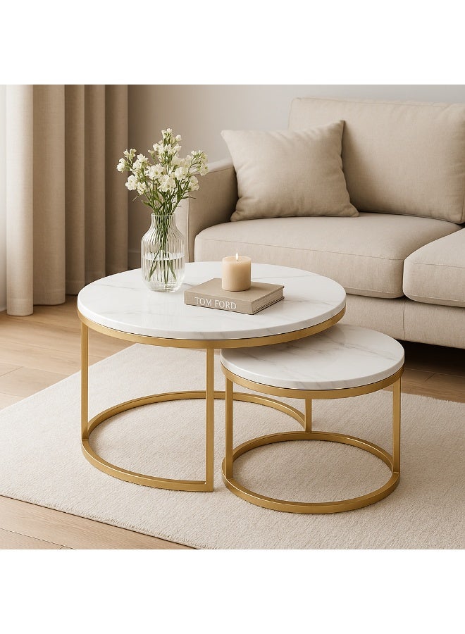 ترابيزة قهوة بتصميم متداخل و عصري باللون الذهبي طاولة مركزية دائرية  مكونة من قطعتين طاولة جانبية عصرية مع أرجل معدنية لغرفة المعيشة والشرفة والزاوية