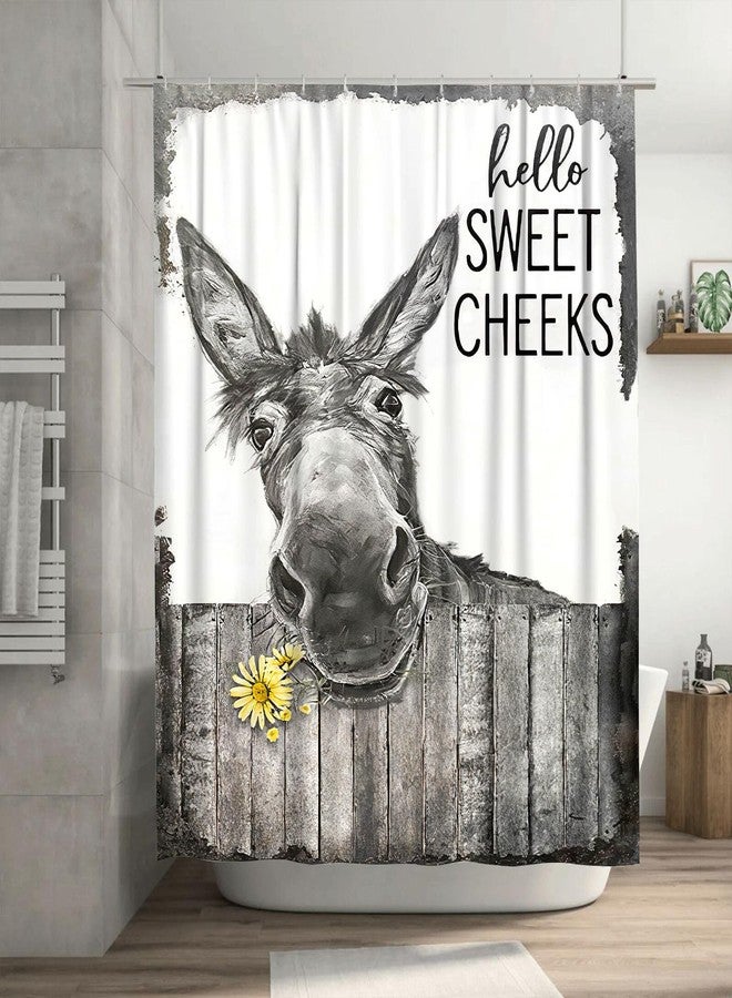 citari Funny Donkey Shower Curtain Rustic Floral Farmhouse Bathroom Shower Curtains Black and White Cute Animal Modern Polyester Fabric Waterproof 12 Pack Plastic Hooks 60 x 72 Inch - Image 1