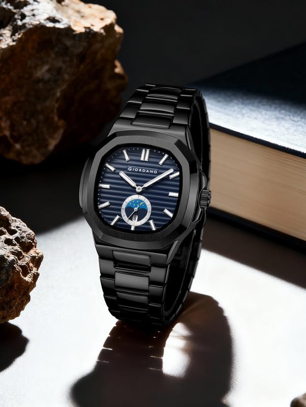 Giordano Analog Watch for Men – Classic Moon Phase Design with Textured Dial, Durable Stainless Steel Strap, and Date Display - GZ-50179-22 - Image 4