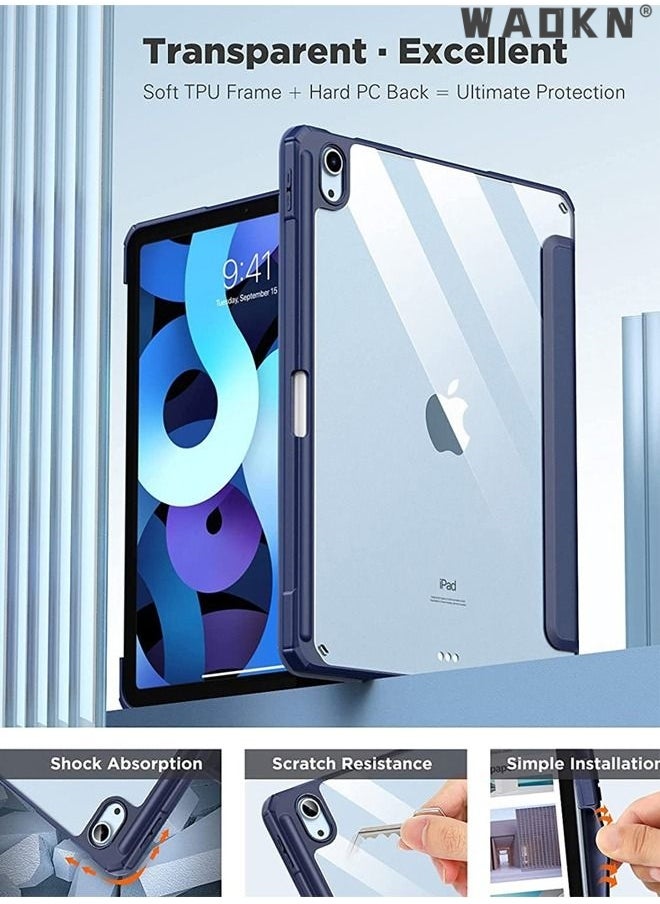 WAOKN - Pro Case for iPad 10th Gen Case with Pencil Holder 2022 iPad 10.9 Inch Case, Clear Transparent Back Shell Trifold Protective Cases Shockproof Cover for 2022 iPad 10th Gen A2696 A2757 A2777 -Blue - Image 1