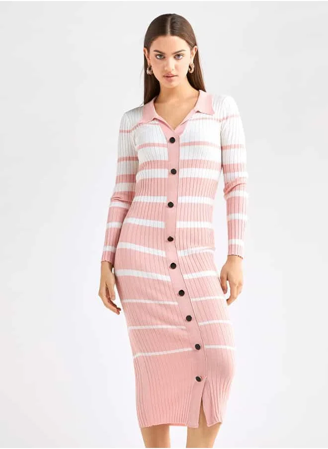 FAV Striped Collared Shirt Dress with Long Sleeves