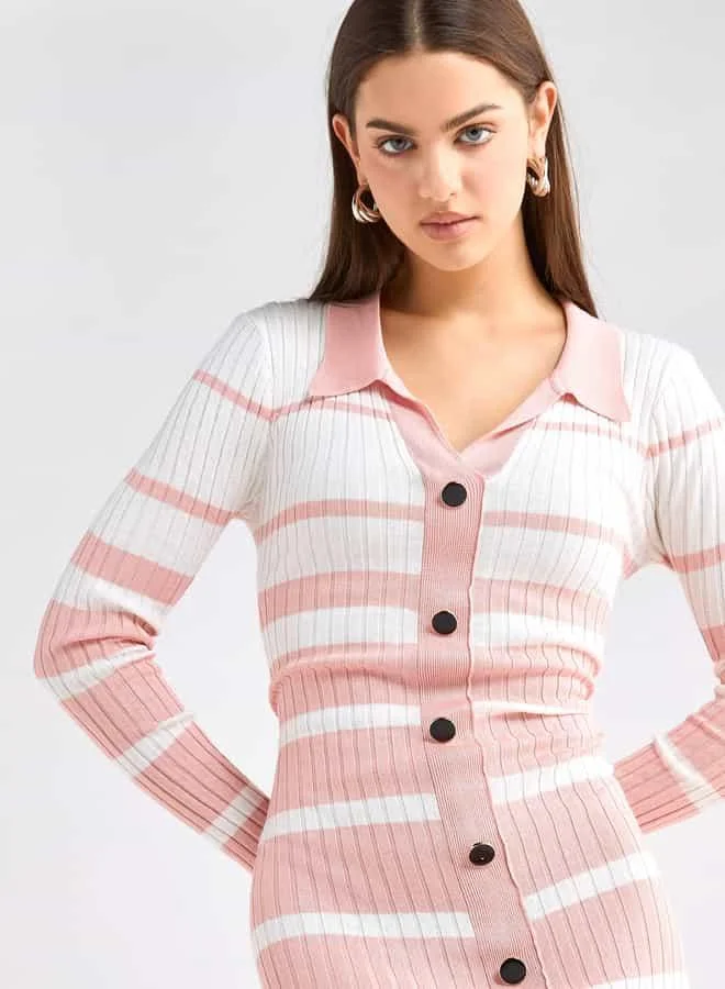 Splash FAV Striped Collared Shirt Dress with Long Sleeves