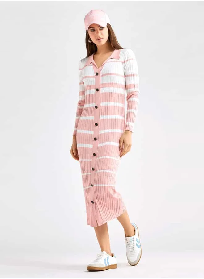 FAV Striped Collared Shirt Dress with Long Sleeves