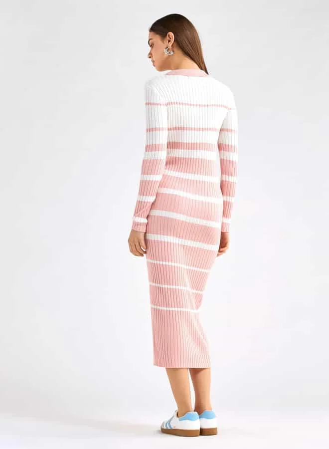 Splash FAV Striped Collared Shirt Dress with Long Sleeves