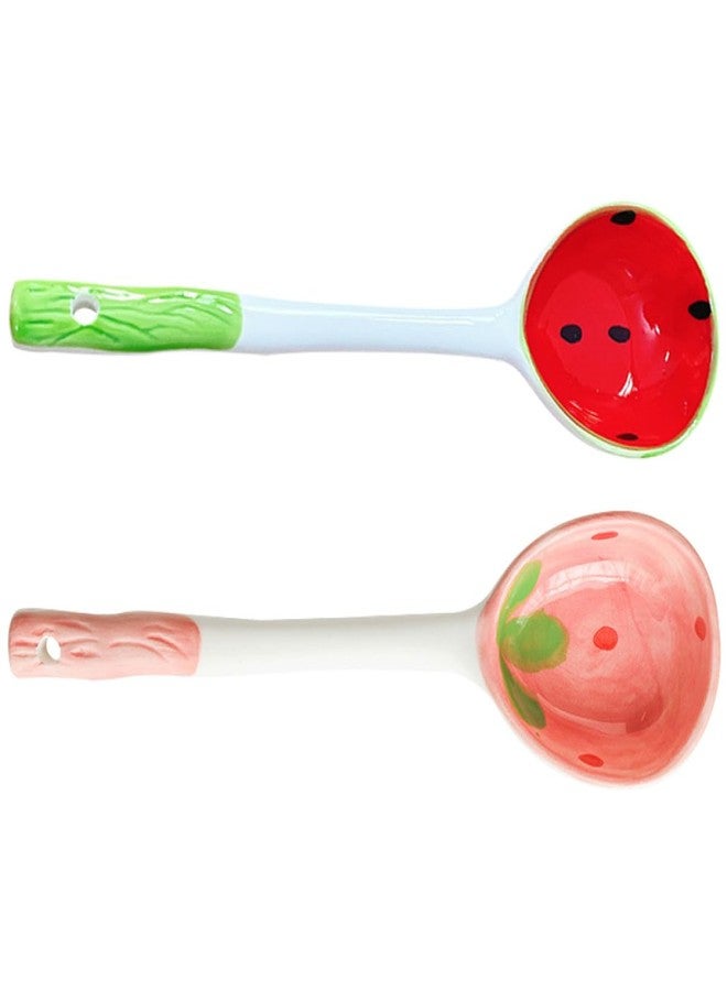 STOBAZA 2Pcs Ceramic Dessert Spoons Fruit Pattern Soup Spoons with Hanging Hook 6.49 Inch for Ice Cream and Household Tableware - Image 1