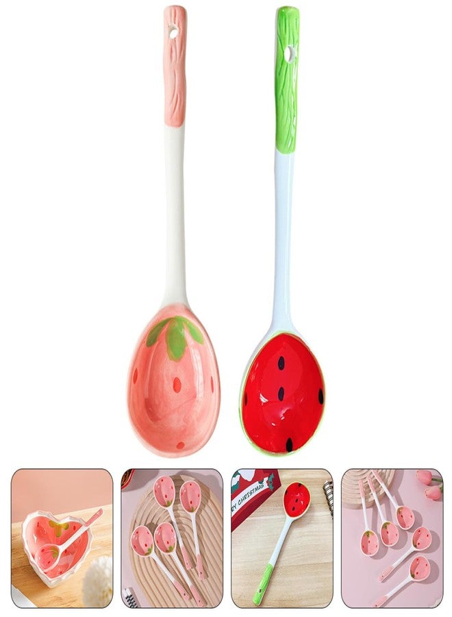 STOBAZA 2Pcs Ceramic Dessert Spoons Fruit Pattern Soup Spoons with Hanging Hook 6.49 Inch for Ice Cream and Household Tableware - Image 3
