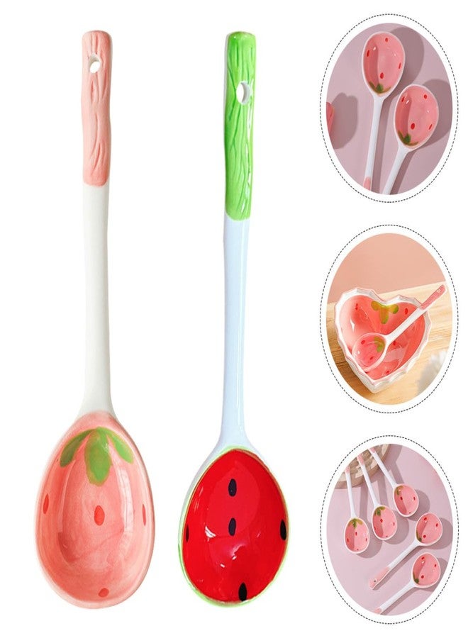 STOBAZA 2Pcs Ceramic Dessert Spoons Fruit Pattern Soup Spoons with Hanging Hook 6.49 Inch for Ice Cream and Household Tableware - Image 2