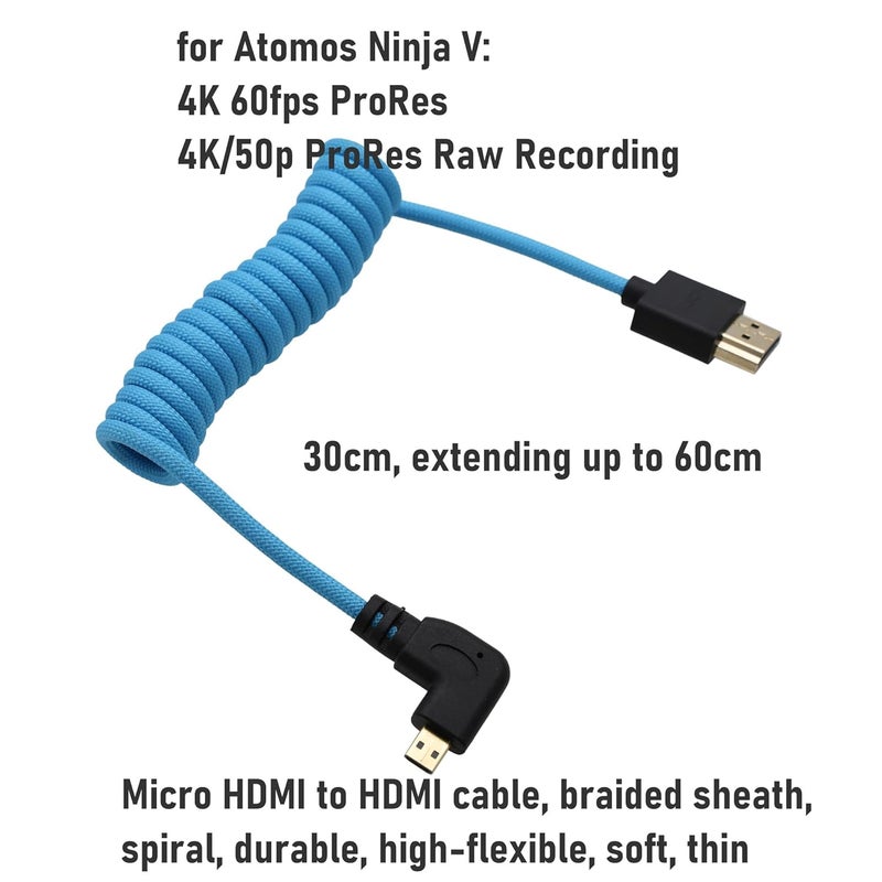 كابل بزاوية قائمة Micro-HDMI 4K 8K عالي السرعة لـ ATOMOS Ninja V Ultra، Sony ZV-E10 A7C A7R4 A6700، Canon R6II R5C R10، Lumix S5 S9 G100، Fujifilm X-T50، بربطانة زرقاء ملفوف 30 سم - Image 3