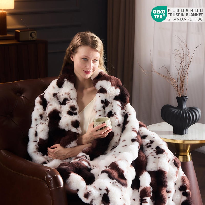 PLUUSHUU Faux Fur Throw Blanket for Couch, Fluffy Fuzzy Plush Bubble Blanket, Soft Warm Cozy Shaggy Rabbit Blanket, Luxury Decorative Gifts for Sofa Bedroom Living Room, 60x50inch (Cow Print-Brown) - Image 3