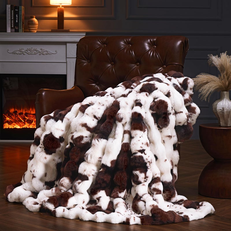 PLUUSHUU Faux Fur Throw Blanket for Couch, Fluffy Fuzzy Plush Bubble Blanket, Soft Warm Cozy Shaggy Rabbit Blanket, Luxury Decorative Gifts for Sofa Bedroom Living Room, 60x50inch (Cow Print-Brown) - Image 1