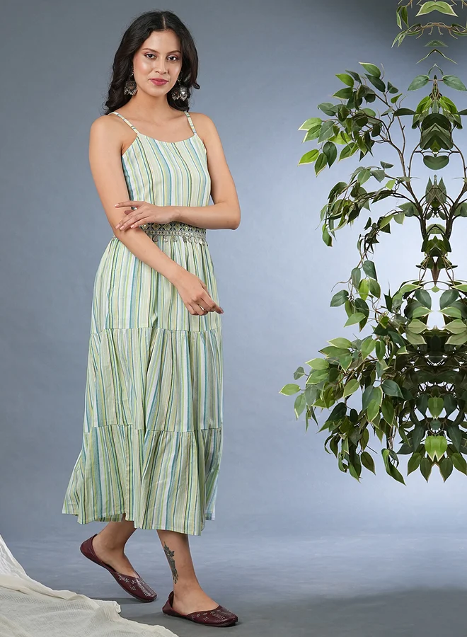 globus Globus Women Green Striped Strappy Tiered Midi Dress with Embroidered Belt