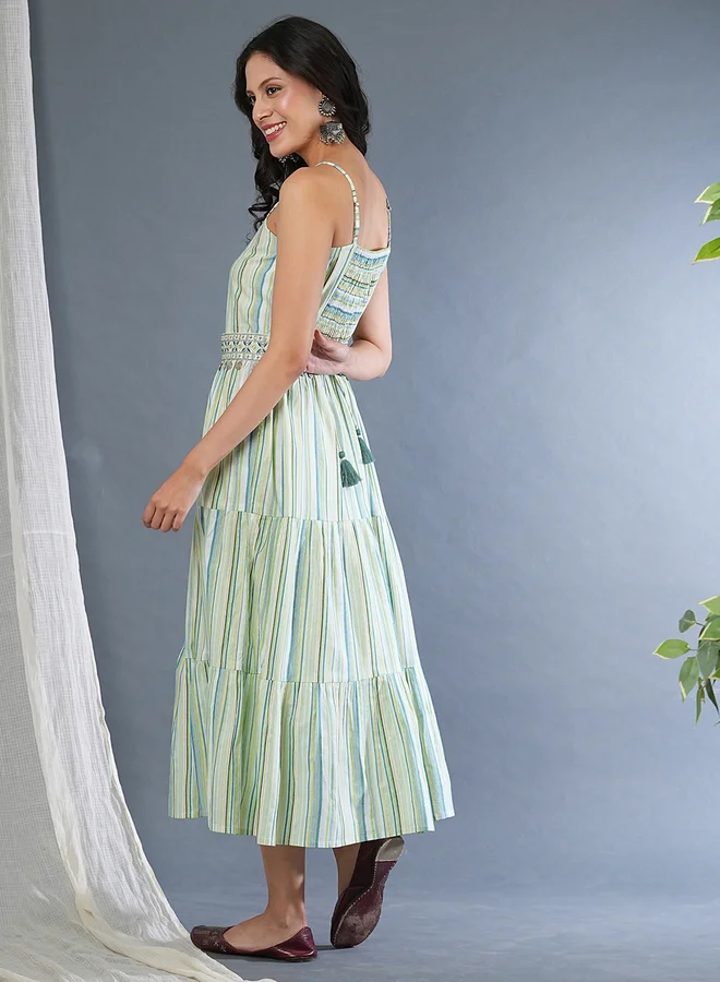 globus Globus Women Green Striped Strappy Tiered Midi Dress with Embroidered Belt
