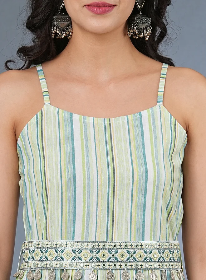 globus Globus Women Green Striped Strappy Tiered Midi Dress with Embroidered Belt