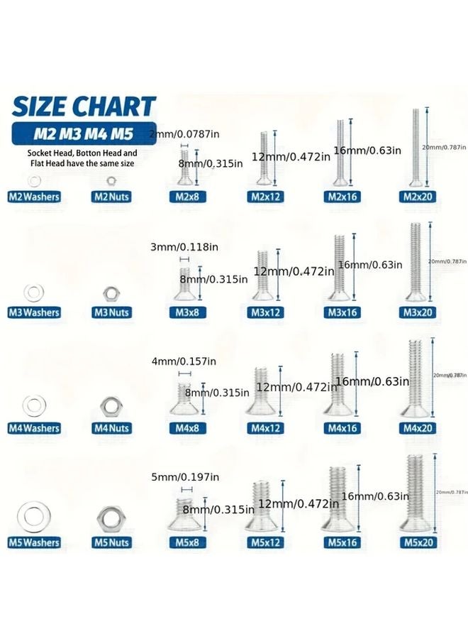 880pcs M2 M3 M4 M5 Stainless Steel Nuts Bolts Assortment Kit With Hex Head Flat Washers And Case - Image 3