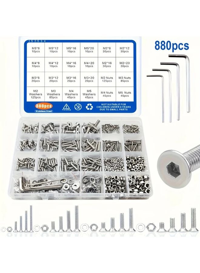 880pcs M2 M3 M4 M5 Stainless Steel Nuts Bolts Assortment Kit With Hex Head Flat Washers And Case - Image 1