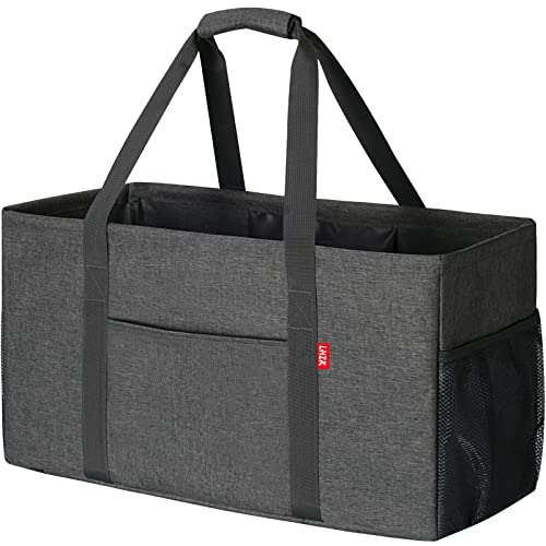 LHZK Standing Extra Large Utility Tote Bag with Metal Wire Frame and the Sides Rinforced Extra Large Tote Bag with Handle Reusable Grocery Bags Foldable Beach Bag Car Tote Grey