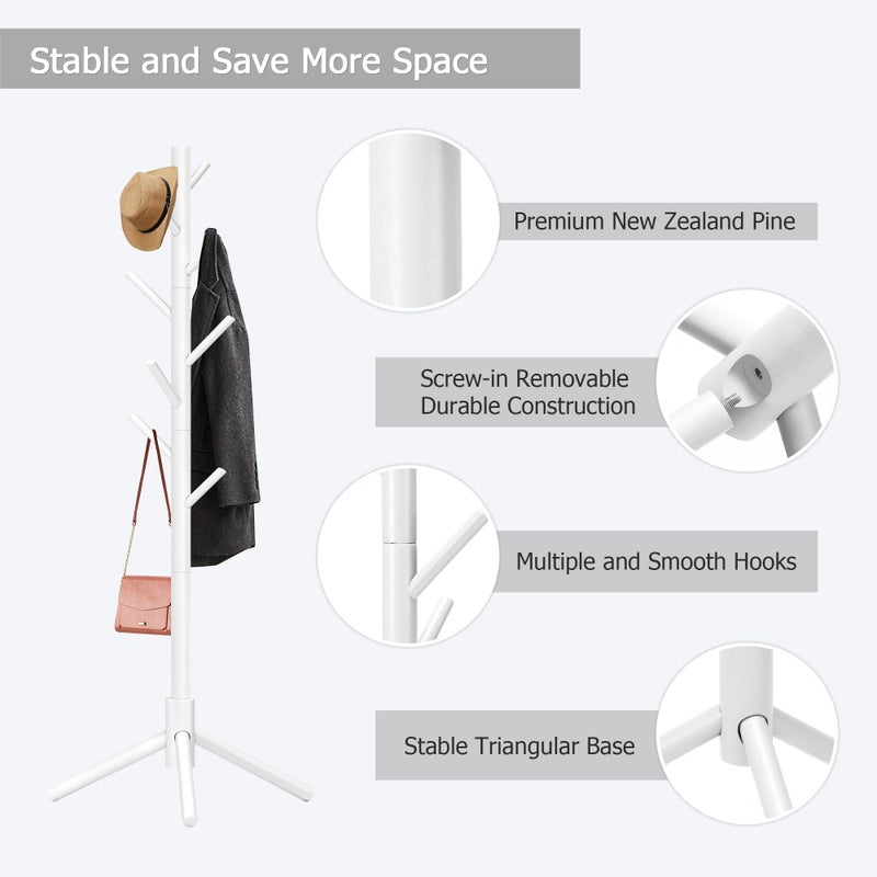 Azaeahom Coat Rack, Coat Racks Freestanding with 8 Hooks 3 Adjustable Heights for Clothes, Hats, Handbags, Coat Tree Easy Assembly for Entryway, Bedroom, Hallway, Office(White) - Image 5