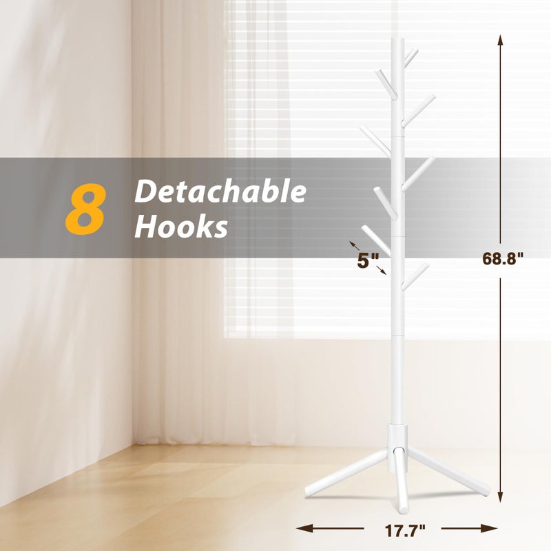 Azaeahom Coat Rack, Coat Racks Freestanding with 8 Hooks 3 Adjustable Heights for Clothes, Hats, Handbags, Coat Tree Easy Assembly for Entryway, Bedroom, Hallway, Office(White) - Image 4