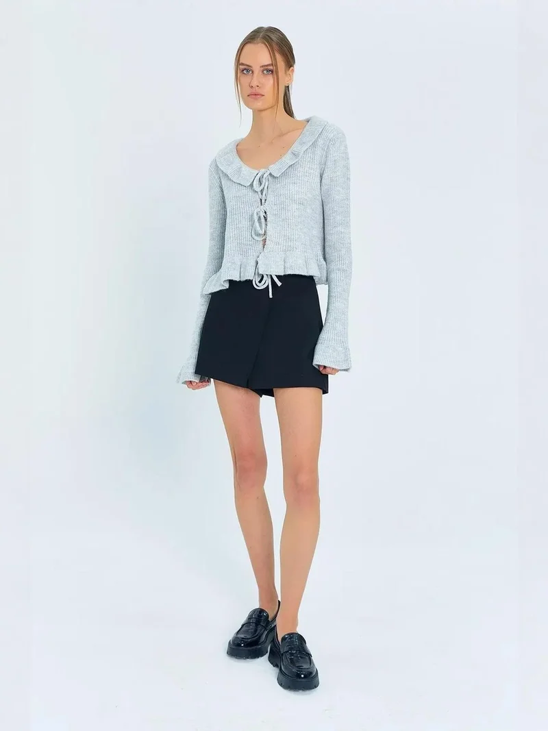 MixRay Mixray Frilly Tie Closure Ribbed Knit Cardigan