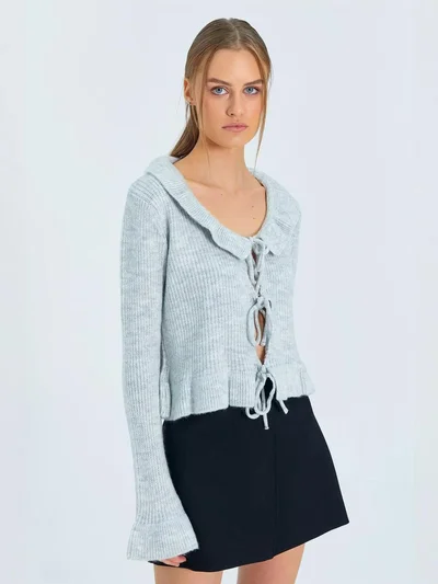 MixRay Mixray Frilly Tie Closure Ribbed Knit Cardigan