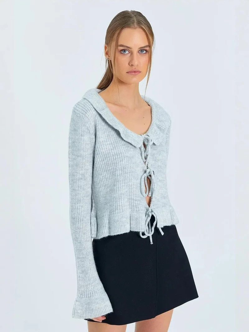 MixRay Mixray Frilly Tie Closure Ribbed Knit Cardigan