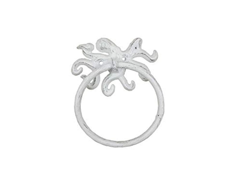Hampton Nautical Whitewashed Cast Iron Octopus Towel Holder 6"" - Sea Decor - Beach Theme