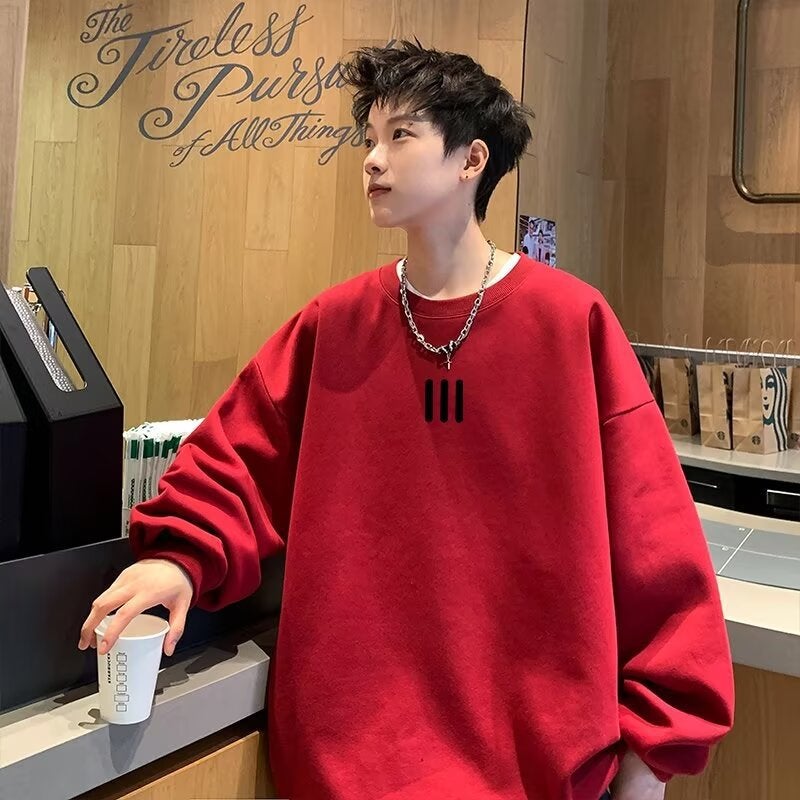 Autumn and Winter fleece-lined Thickened Sweatshirt Mens 2024 New Korean Style New Round Neck Loose Printed Sweatshirt Fashion in Hong Kong Red [thin large fish scales]