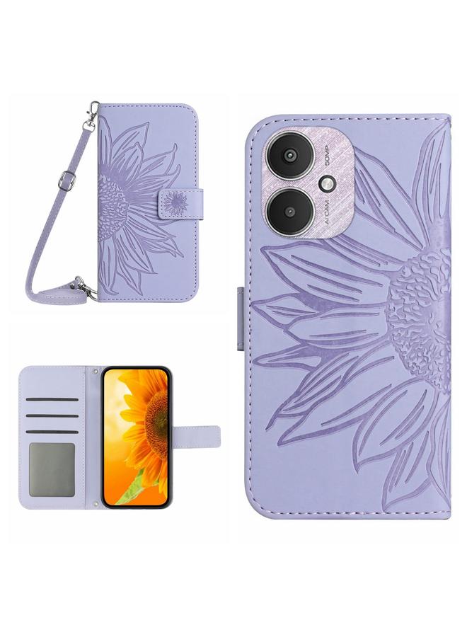 Green Tiger For Xiaomi Redmi 13C 5G Skin Feel Sun Flower Embossed Flip Leather Phone Case with Lanyard(Purple)
