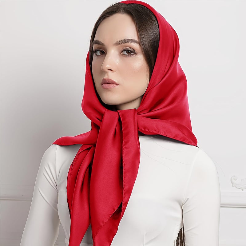 vimate Red Silk Scarf for Hair, 35'' Satin Square Silk Like Scarf for Head Sleeping at Night (Style 38-Red) - Image 5