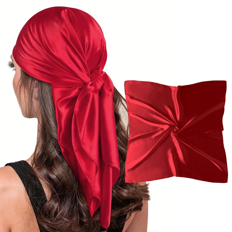 vimate Red Silk Scarf for Hair, 35'' Satin Square Silk Like Scarf for Head Sleeping at Night (Style 38-Red) - Image 1