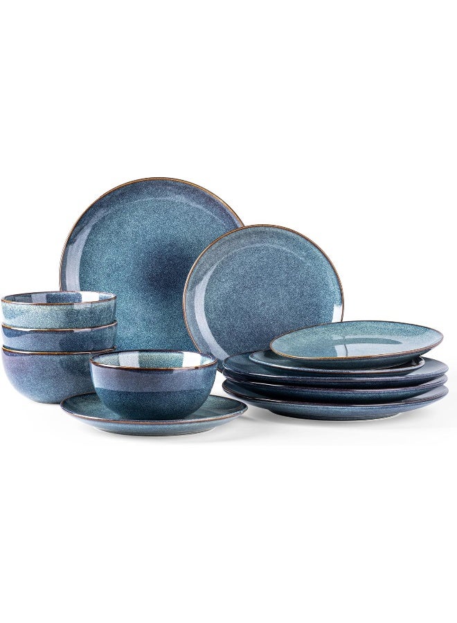 AmorArc Ceramic Dinnerware Sets for 4 12 Pieces Handpainted Plates and Bowls Set Scratch Resistant Stoneware Dishes Set Dishwasher Microwave Safe Ceylon Blue - Image 1