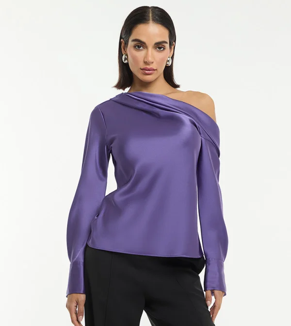 بي سي بي جي BCBG ONE SHOULDER LONG SLEEVES SATIN BLOUSE