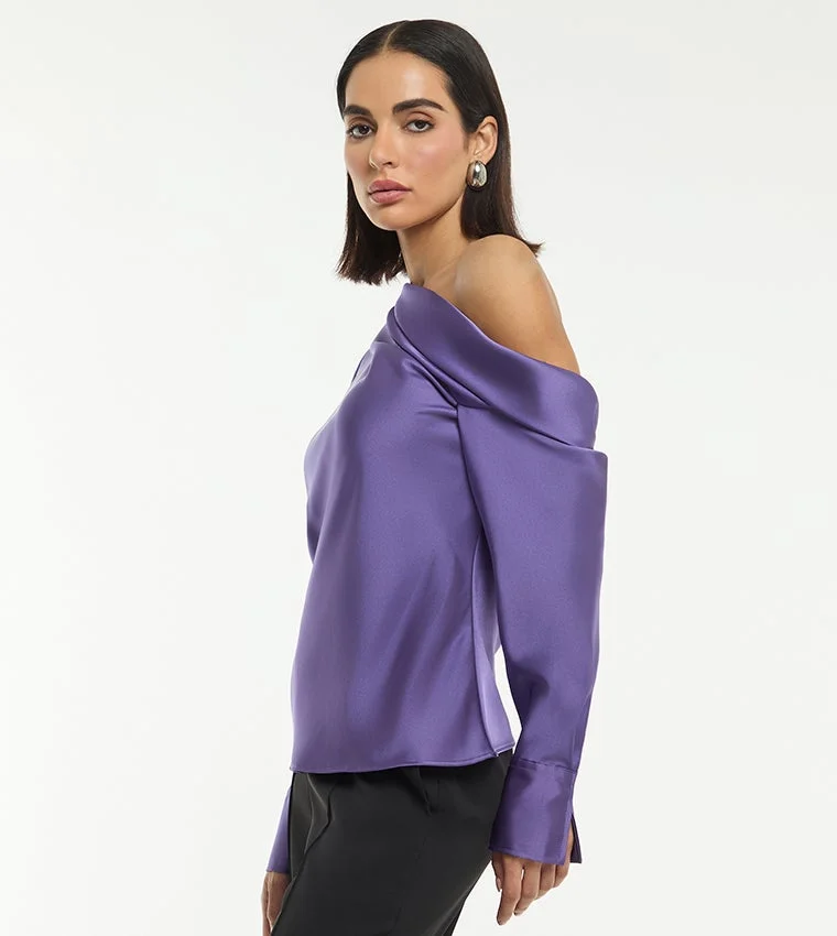 BCBG BCBG ONE SHOULDER LONG SLEEVES SATIN BLOUSE