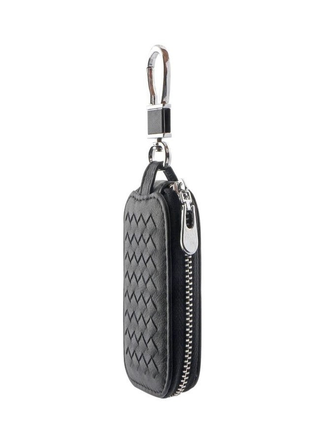 Keyzone® Checkered Pattern Car Key Case, Smart Key Holder PU Leather Key Chain Wallet, Coin Holder, Car Key Zipper Wallet (Black) - Image 2