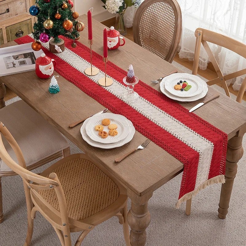 Y&D American Natural Woven Cotton Linen Table Runner with Color-Blocking, Tassel Stripes, and Diamond Checkered Pattern - Image 3