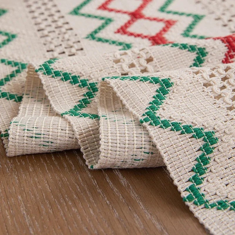 Y&D American Natural Woven Cotton Linen Table Runner with Color-Blocking, Tassel Stripes, and Diamond Checkered Pattern - Image 5