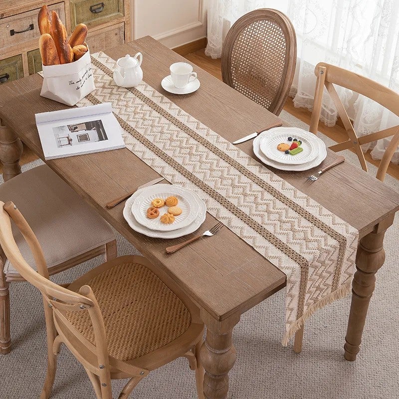 Y&D American Natural Woven Cotton Linen Table Runner with Color-Blocking, Tassel Stripes, and Diamond Checkered Pattern - Image 4