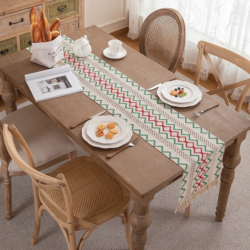 Y&D American Natural Woven Cotton Linen Table Runner with Color-Blocking, Tassel Stripes, and Diamond Checkered Pattern - Image 2