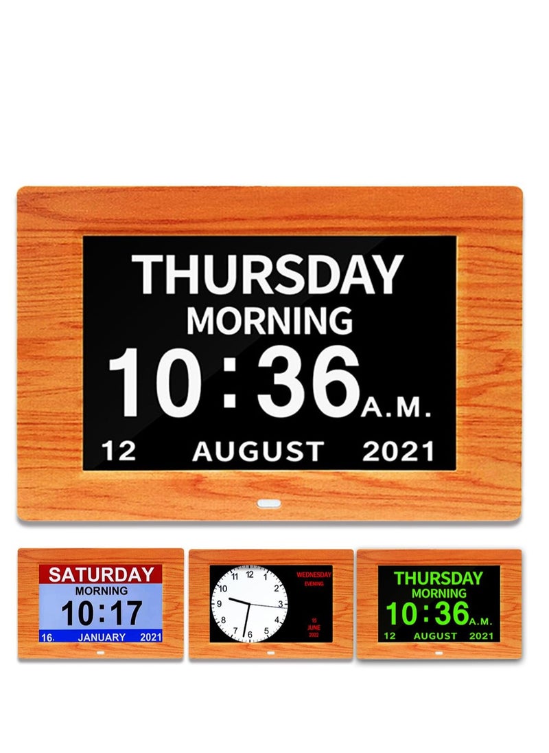 SYOSI - Digital Calendar Clock with Day and Date for Dementia Patients,  (7in Woodgrain)Elderly's Friendly Digital Clock Memory Loss Digital Calendar Clock High Contrast Digital Clock with Extra Large Display - Image 1
