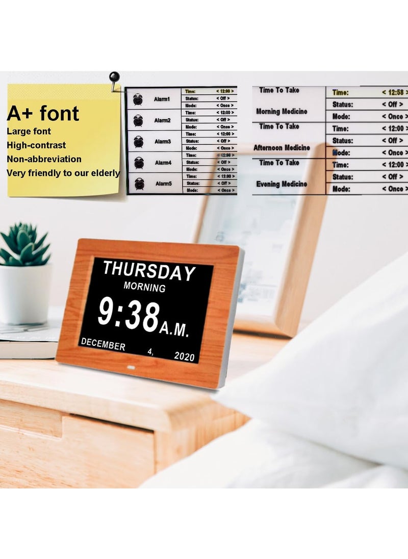 SYOSI - Digital Calendar Clock with Day and Date for Dementia Patients,  (7in Woodgrain)Elderly's Friendly Digital Clock Memory Loss Digital Calendar Clock High Contrast Digital Clock with Extra Large Display - Image 1