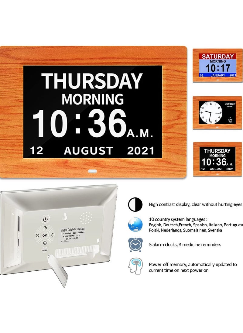 SYOSI - Digital Calendar Clock with Day and Date for Dementia Patients,  (7in Woodgrain)Elderly's Friendly Digital Clock Memory Loss Digital Calendar Clock High Contrast Digital Clock with Extra Large Display - Image 1