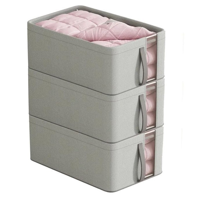 OXFORD CLOTH CLOTHING ORGANIZER MEDIUM FOLDABLE STORAGE BOX WITH METAL FRAME BREATHABLE WASHABLE NONWOVEN FABRIC GREY IDEAL FOR JEANS TSHIRTS UNDERWEAR SOCKS PACK OF 3