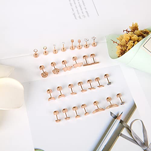 Staligue 18 Pairs Stainless Steel Stud Earrings Set for Women Men Star Moon flower Heart Leaf Opal 20G Cartilage Earrings Hypoallergenic Flatback Earrings Piercing Jewelry (Rose Gold) - Image 3