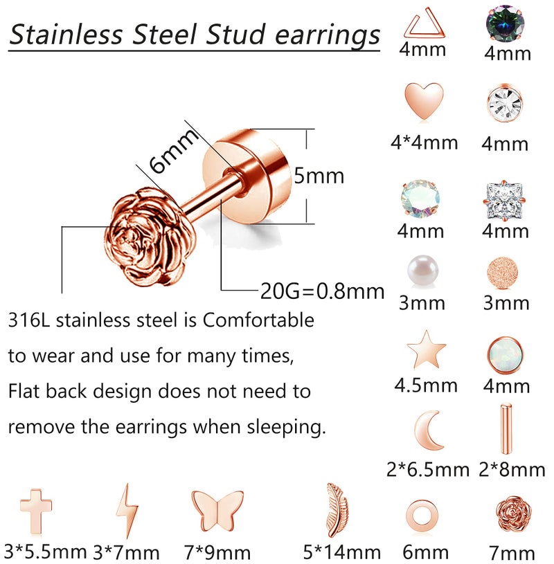 Staligue 18 Pairs Stainless Steel Stud Earrings Set for Women Men Star Moon flower Heart Leaf Opal 20G Cartilage Earrings Hypoallergenic Flatback Earrings Piercing Jewelry (Rose Gold) - Image 2