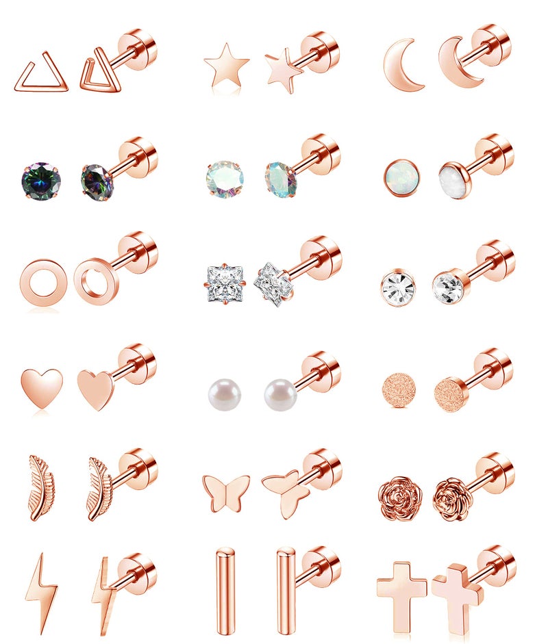Staligue 18 Pairs Stainless Steel Stud Earrings Set for Women Men Star Moon flower Heart Leaf Opal 20G Cartilage Earrings Hypoallergenic Flatback Earrings Piercing Jewelry (Rose Gold) - Image 1