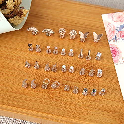 Staligue 18 Pairs Stainless Steel Stud Earrings Set for Women Men Star Moon flower Heart Leaf Opal 20G Cartilage Earrings Hypoallergenic Flatback Earrings Piercing Jewelry (Rose Gold) - Image 4